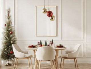 mockup, one portrait frame in a scandinavian style dining room with light chairs and table, white walls, red, green and gold Christmas decorations on the table