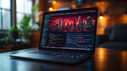 A laptop displaying colorful code against a digital cityscape backdrop sits on a wooden desk in a warmly lit office space.