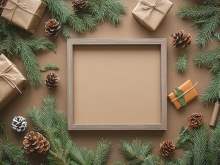 mockup square frame on a table, all around pine branches and christmas related things, hd photo
