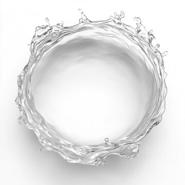 An image of a ring of clear water splashing upwards on a light background. The ring and water drops fly through the air creating a dynamic and smooth movement. The water is crystal clear with detailed