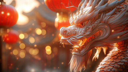 Chinese dragon, red lanterns hanging in the background, Chinese New Year atmosphere