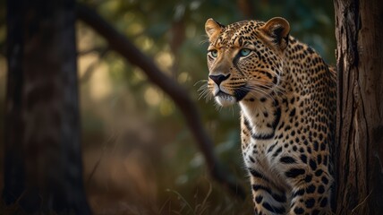 Obraz premium A leopard with piercing blue eyes stares intently at something off-camera, its powerful body poised in a hunting stance. It's a majestic creature in its natural habitat,
