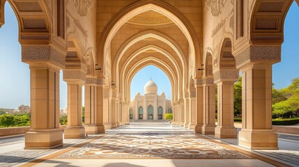 Obraz premium A view of a mosque in the United Arab Emirates, with intricate arches and a tiled floor.