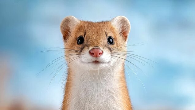 Close up portrait of a Least Weasel Mustela nivalis against a blue background