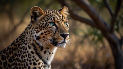 Fototapeta premium A leopard with striking blue eyes looks to the side, its coat blending with the forest background.