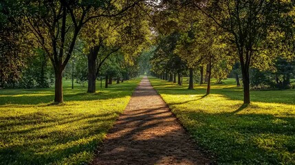 Sunlit Pathway Through Green Trees in a Park