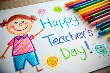 Colorful drawing of child with happy teachers day message on white paper