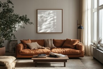 one single square blank poster mockup with frames in simple minimalistic living room, realistic, high quality