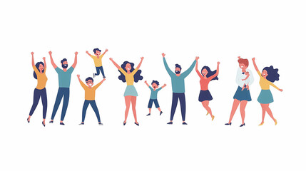Families celebrate win, event is set. People who are happy have fun together. Couple with funny kids, celebrating success, embracing. White background with flat vector illustrations