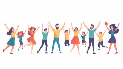 Fototapeta premium Families celebrate win, event is set. People who are happy have fun together. Couple with funny kids, celebrating success, embracing. White background with flat vector illustrations