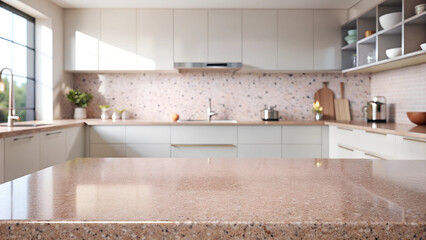 Pink terrazo countertop for product display and showcase against blurred background of feminine kitchen with white cabinetry