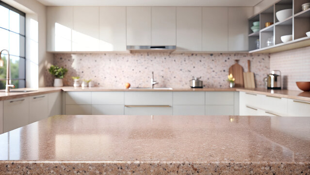 Pink terrazo countertop for product display and showcase against blurred background of feminine kitchen with white cabinetry