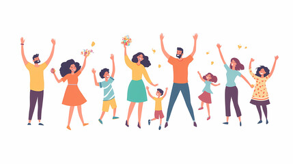 Families celebrate win, event is set. People who are happy have fun together. Couple with funny kids, celebrating success, embracing. White background with flat vector illustrations