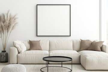 Photo of a modern living room interior with a blank poster frame on the wall, a beige sofa, and a coffee table near a white wall background. Minimalist home décor template for artwork or advertising