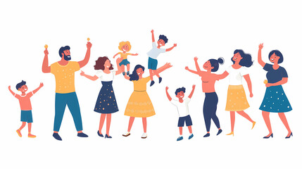 Families celebrate win, event is set. People who are happy have fun together. Couple with funny kids, celebrating success, embracing. White background with flat vector illustrations