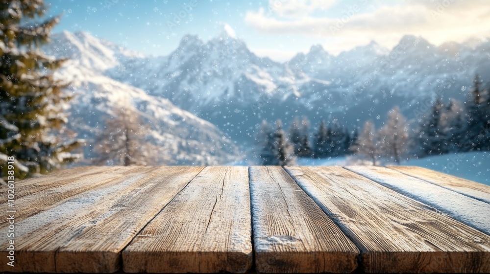 Poster a wooden table with snow on it and mountains in the background