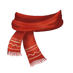 Watercolor red scarf with an ornament, isolated on a white background. Winter cozy scarf using watercolor technique. red winter accessories