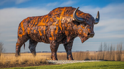 Fototapeta premium A massive, rust-colored metal buffalo sculpture stands proudly in a grassy field under a clear sky, showcasing intricate artistry and craftsmanship.