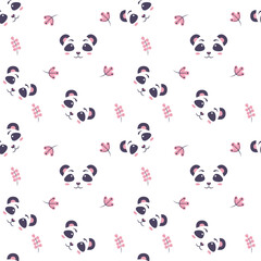 Seamless childish pattern with little pandas. White pattern with trees and floral. Perfect for kids design, fabric, baby shower, children room decoration, textile pattern, greeting card design.