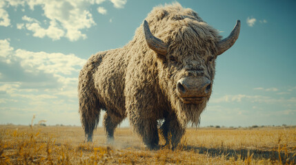 A majestic bison stands in a vast, golden field under a bright blue sky, exuding strength and serenity.