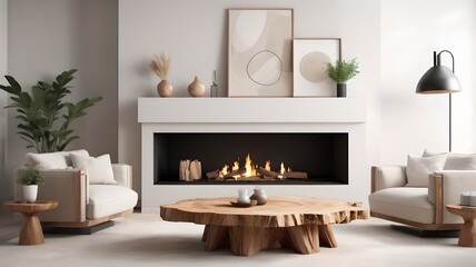 Interior design of scandinavian living room with fireplace and gray sofa. 