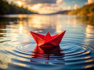 Fototapeta premium Solitary Red Paper Boat on Water - A Visual Exploration of Hobbies and Entertainment in Documentary Photography