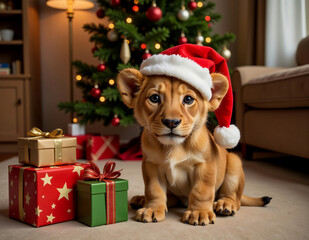A charming lion cub in a festive Santa hat sits beside colorful gift boxes in a cozy apartment, ready for the holiday season.
