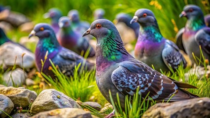 Obraz premium Speckled Rock Pigeons Camouflaged in a Meadow - Nature Macro Photography