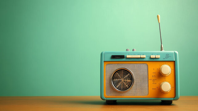 A vintage radio with a teal and orange design sits on a wooden surface against a green background, evoking a nostalgic retro vibe.