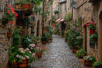 Naklejka premium A cobblestone alleyway in a European town, lined with overflowing flower pots