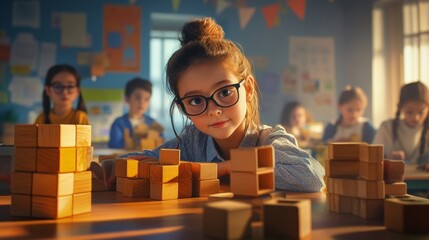 Curious girl in glasses plays with wooden blocks in a colorful classroom. Learning through play ignites creativity and imagination.