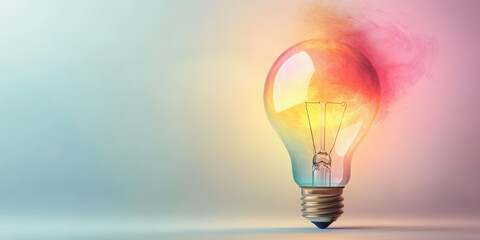 A vibrant, multi-colored light bulb vividly illuminates against a soft gradient background, symbolizing creativity, innovation, and the spark of new ideas.