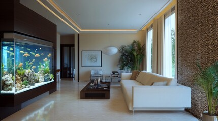 A modern luxury living room with a tall custom fish tank divider, filled with tropical fish, providing a relaxing visual feature.