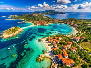 Naklejka premium Stunning Aerial View of Emerald Coast Sardegna Featuring Romazzino Beach and Resort
