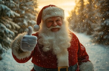 Santa Claus in red suit giving thumbs up in snowy forest - Powered by Adobe