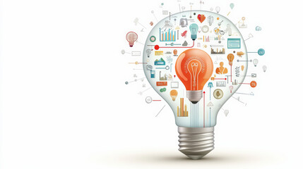 A large lightbulb contains diverse business icons, symbolizing innovation and ideas. The icons include graphs, gears, and people, representing various aspects of business and creativity.