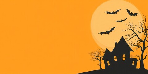 Spooky Halloween scene featuring a haunted house silhouetted against a bright orange moon with flying bats and bare trees.