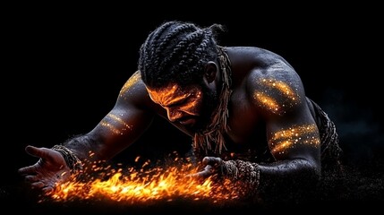 Embers of Power: A dramatic portrait of a powerful, muscular man with intricate body paint, kneeling before a fiery spectacle.  The image evokes strength, mystery, and primal energy.