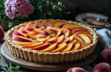 Fresh Peach Tart with Flowers on Kitchen Table Setting