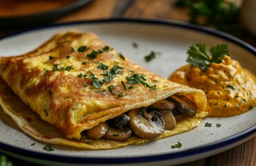 Omelet with mushrooms and onions wrapped in tortilla