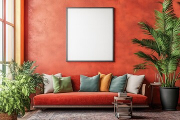 poster mockup in a cozy colorful home, detail on poster, clean canvas, clean background, realistic, zoom on poster