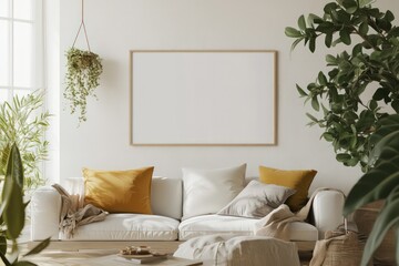 print mockup, print on wall in a living room, scandinavian decor, plants in the background, bright and colorful warm tones, inspiration of a farmhouse kitchen, keep that rustic charm