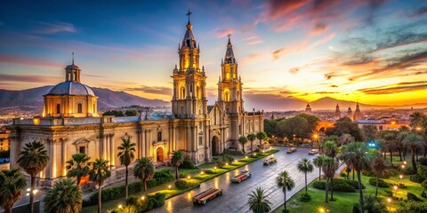 Fototapeta premium Stunning Bokeh Effect of Arequipa Cathedral at Dusk - A Serene Landscape Capture