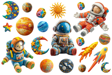 Space elements made of plasticine, kids crafts, DIY, transparent background, png.