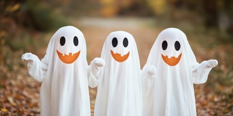 Obraz premium Three playful ghosts with pumpkin faces enjoying a colorful autumn day on a scenic path covered in fallen leaves.