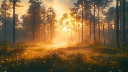 Sunbeams Illuminating a Misty Forest Clearing