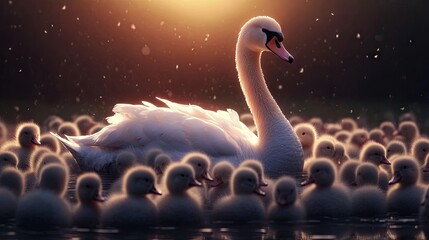 Fototapeta premium A beautiful swan surrounded by a flock of ducklings, illustrating the idea of standing out with grace and elegance in a crowd.