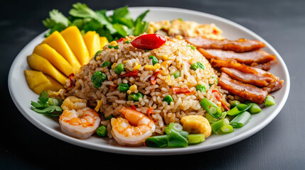 A colorful plate featuring shrimp fried rice with peas, sliced mango, grilled meat, green onions, egg, and garnished with herbs and a chili pepper.