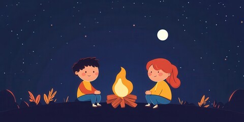 Two children sit by a campfire under a starry night sky, creating a cozy and magical atmosphere of friendship and adventure.