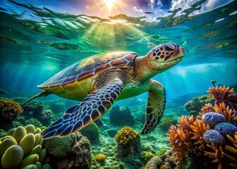 Fototapeta premium Stunning Double Exposure Portrait of a Green Sea Turtle Swimming Over Coral Reef in Underwater Paradise